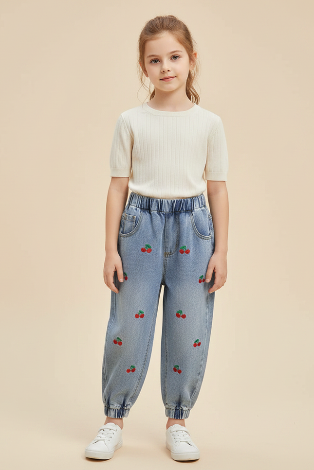 Pantalon Parachute Enfant Jean Ample Cerises Brodé - Bleu