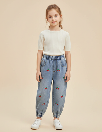 Pantalon Parachute Enfant Jean Ample Cerises Brodé - Bleu