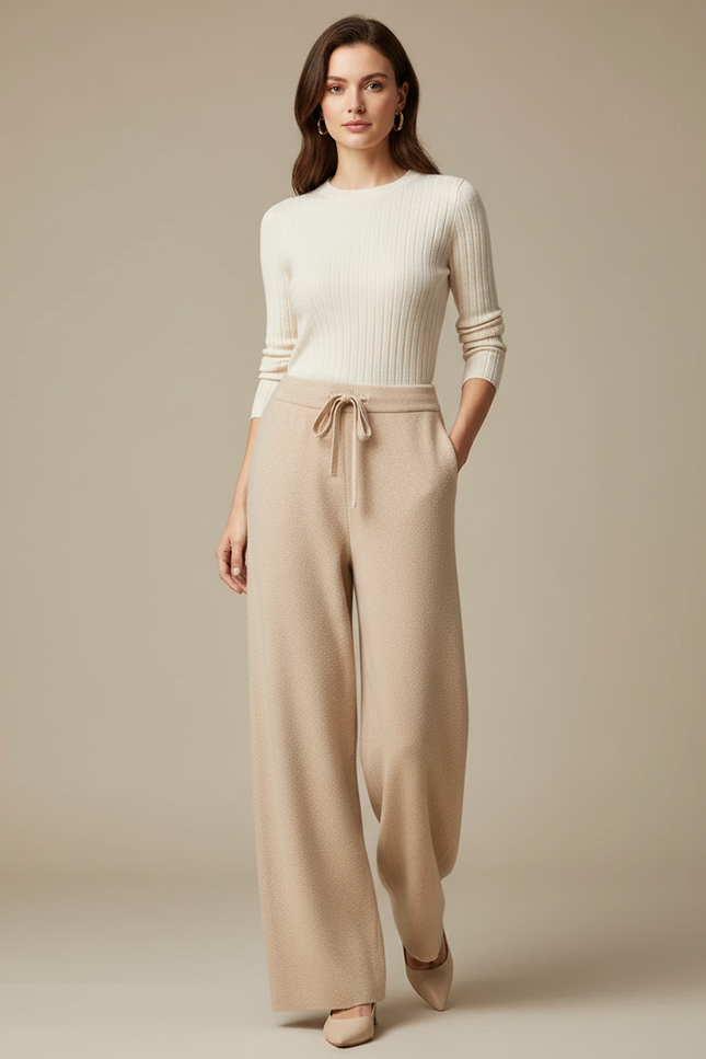 Pantalon Parachute Beige Laine Tricoté Ample Confortable Femme