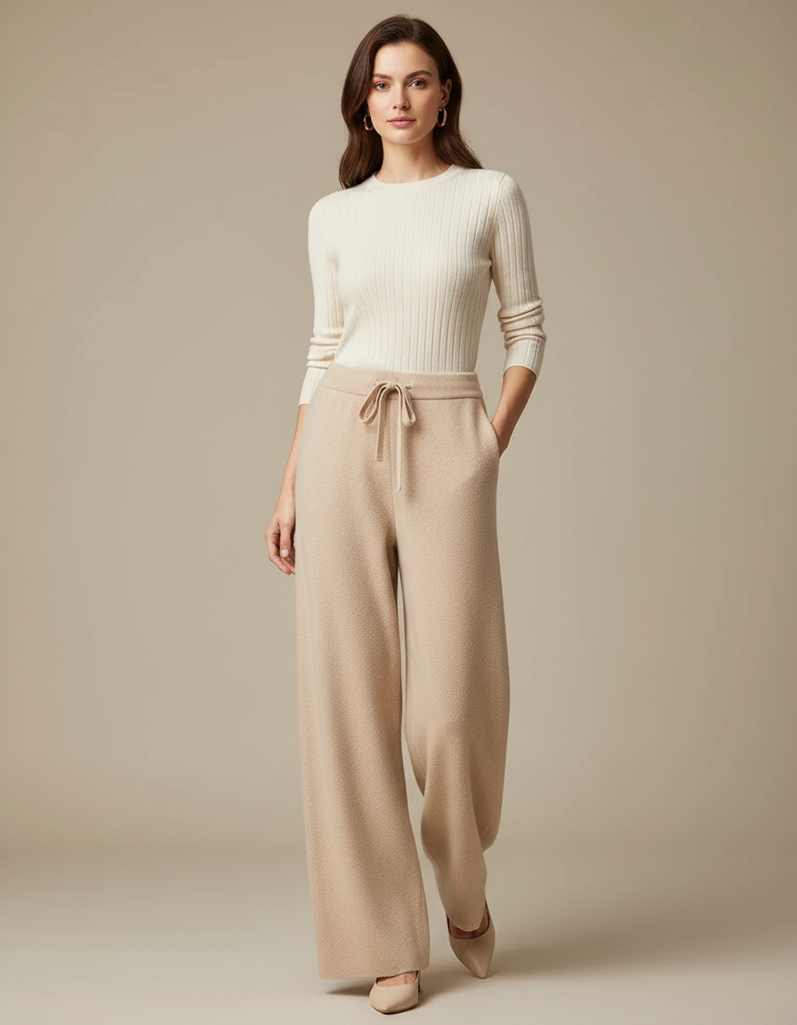 Pantalon Parachute Beige Laine Tricoté Ample Confortable Femme