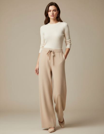 Pantalon Parachute Beige Laine Tricoté Ample Confortable Femme