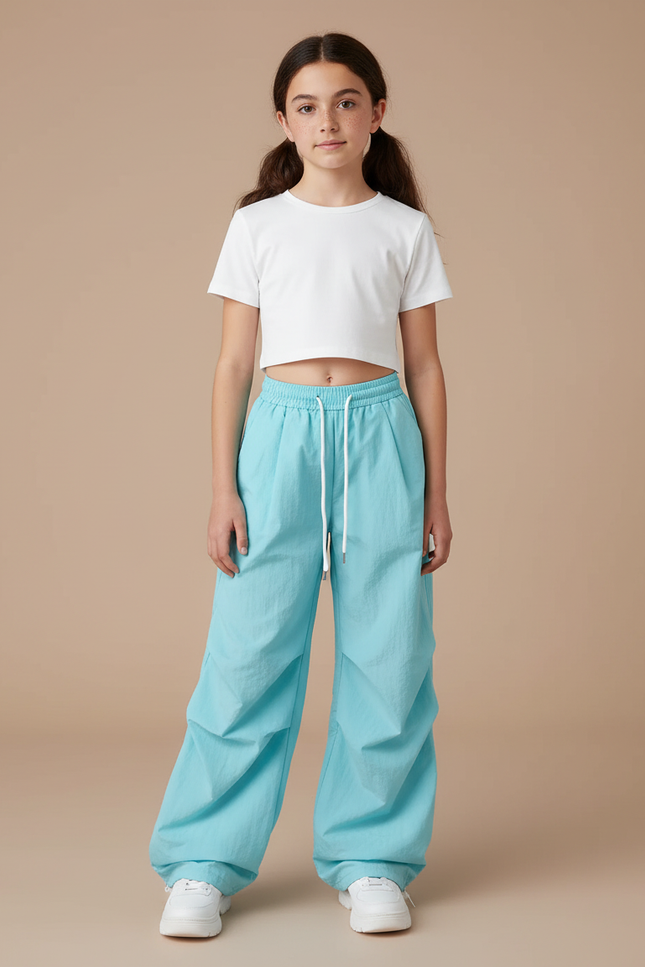 Pantalon Parachute Bleu Ciel Ample Fluide Cordon Femme - Polyester