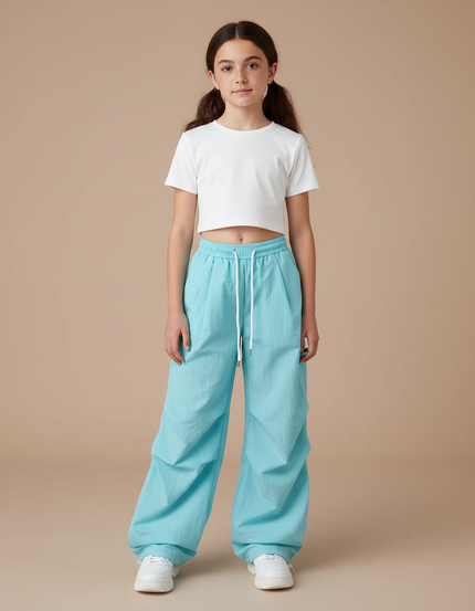 Pantalon Parachute Bleu Ciel Ample Fluide Cordon Femme - Polyester