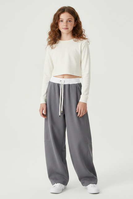 Pantalon Parachute Fille Gris Baggy Streetwear - Molleton