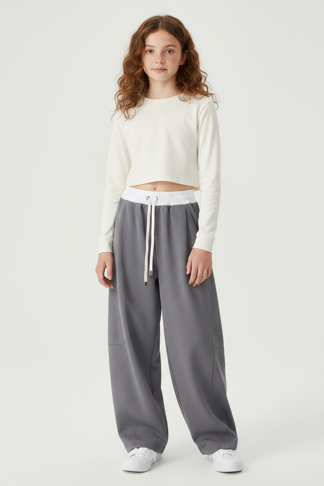 Pantalon Parachute Fille Gris Baggy Streetwear - Molleton