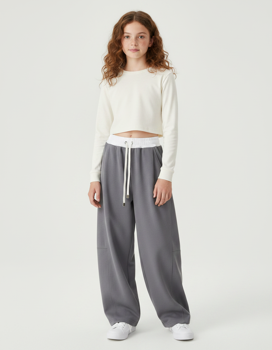 Pantalon Parachute Fille Gris Baggy Streetwear - Molleton