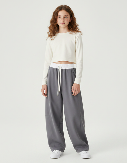 Pantalon Parachute Fille Gris Baggy Streetwear - Molleton