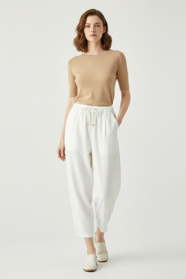 Pantalon Parachute Blanc Lin Ample Décontracté Cordon