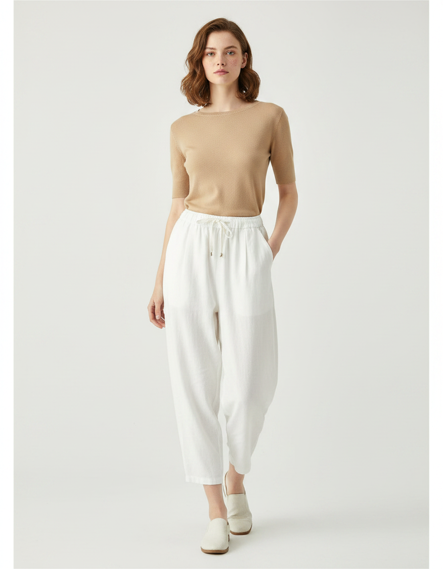 Pantalon Parachute Blanc Lin Ample Décontracté Cordon
