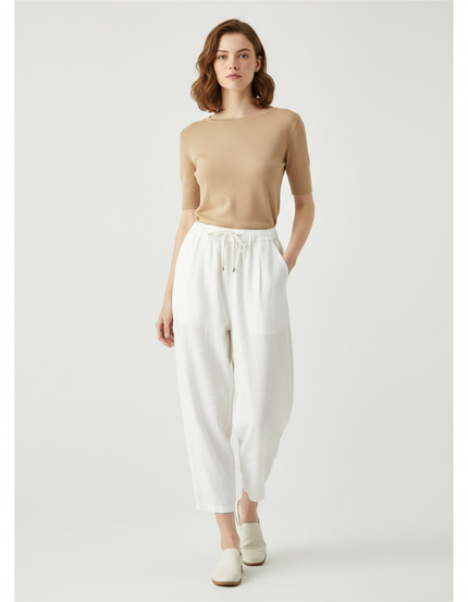 Pantalon Parachute Blanc Lin Ample Décontracté Cordon