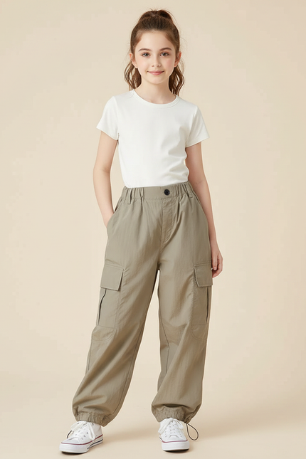 Pantalon Parachute Kaki Cargo Ample Streetwear Enfant - Polyester