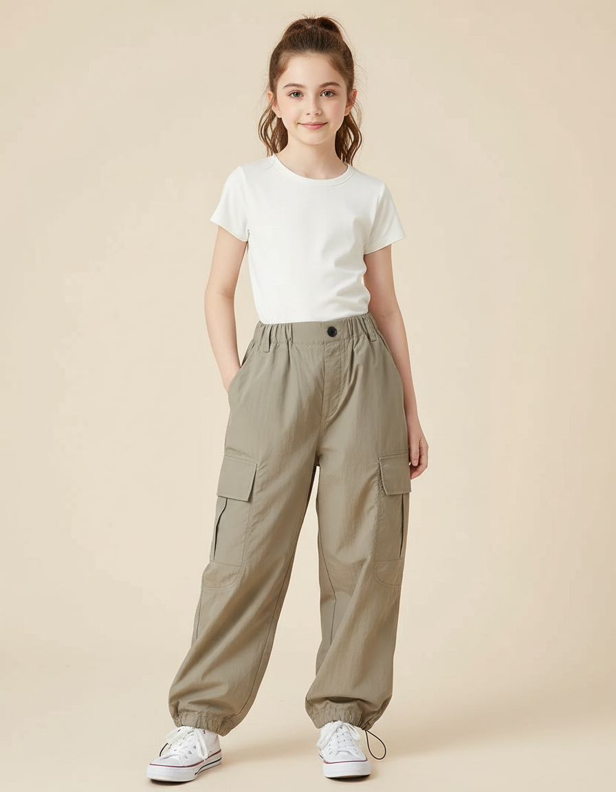 Pantalon Parachute Kaki Cargo Ample Streetwear Enfant - Polyester