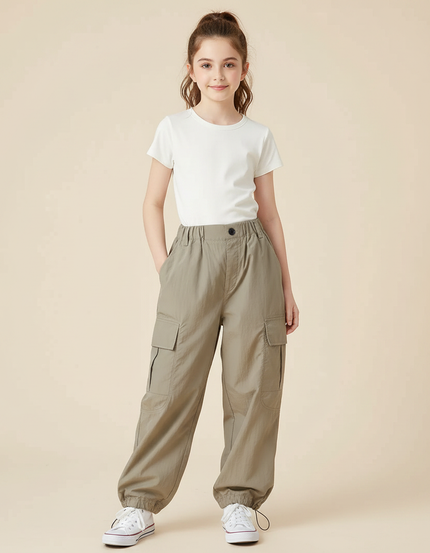 Pantalon Parachute Kaki Cargo Ample Streetwear Enfant - Polyester