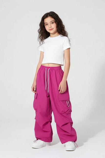 Pantalon Parachute Fuschia Ample Cargo Fille - Rose Polyester