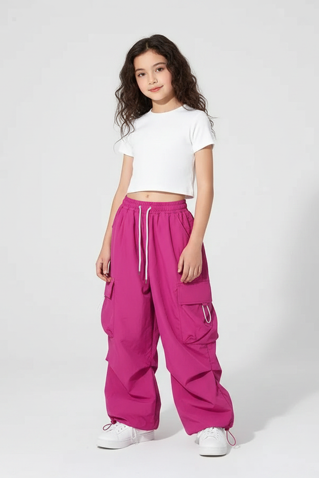 Pantalon Parachute Fuschia Ample Cargo Fille - Rose Polyester