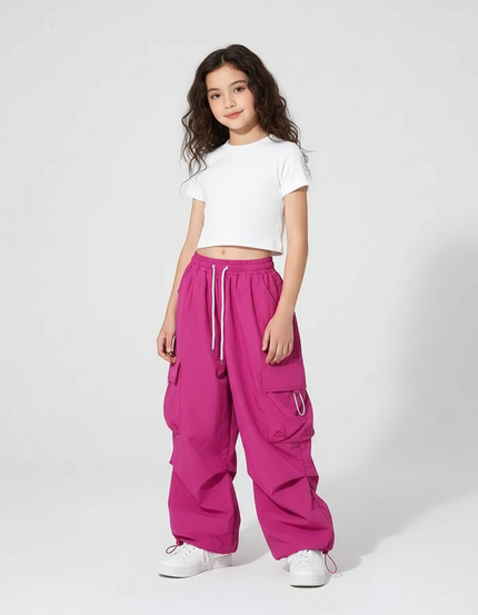 Pantalon Parachute Fuschia Ample Cargo Fille - Rose Polyester