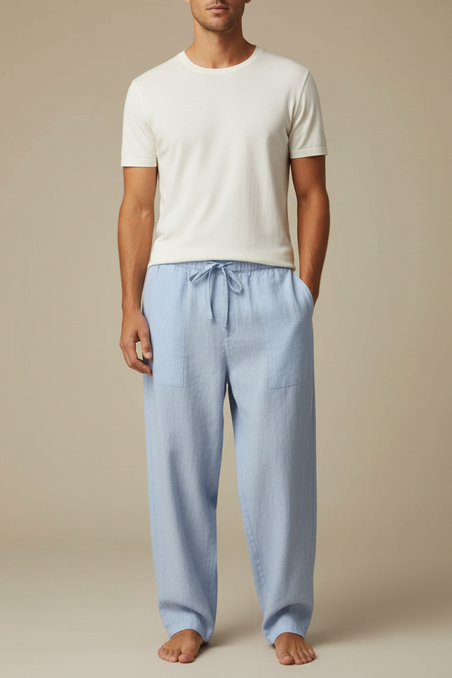 Pantalon Parachute Lin Bleu Ample Décontracté Homme