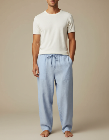 Pantalon Parachute Lin Bleu Ample Décontracté Homme
