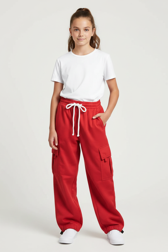 Pantalon Parachute Rouge Ample Molleton Cargo