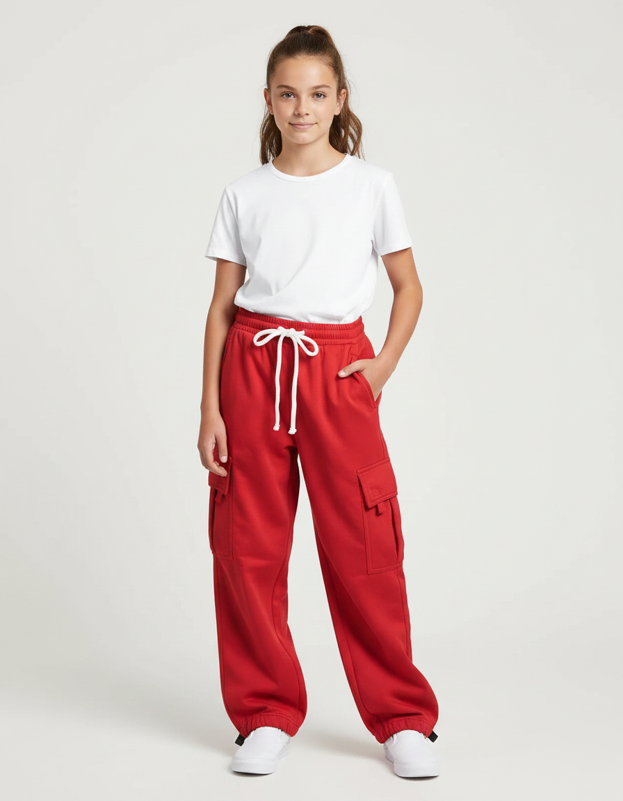 Pantalon Parachute Rouge Ample Molleton Cargo