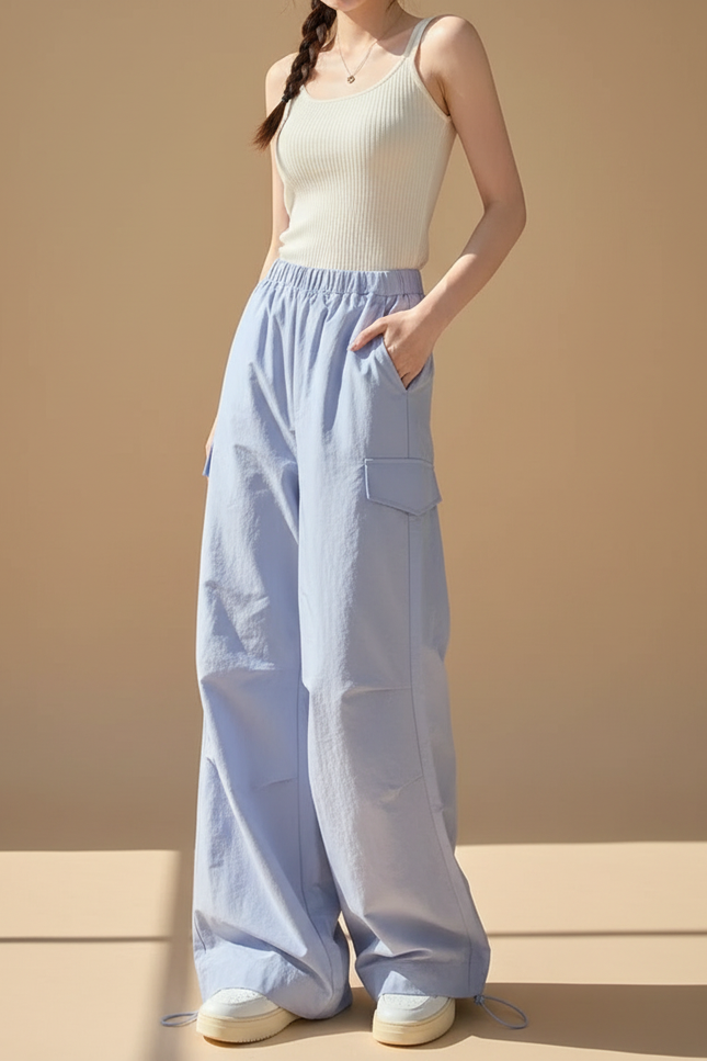 Pantalon Parachute Bleu Clair Ample Cargo Taille Haute - Coton
