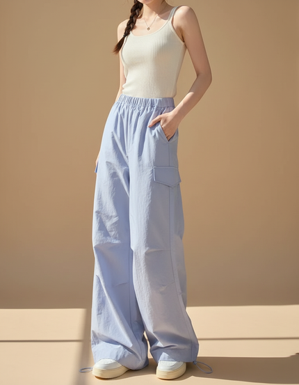 Pantalon Parachute Bleu Clair Ample Cargo Taille Haute - Coton