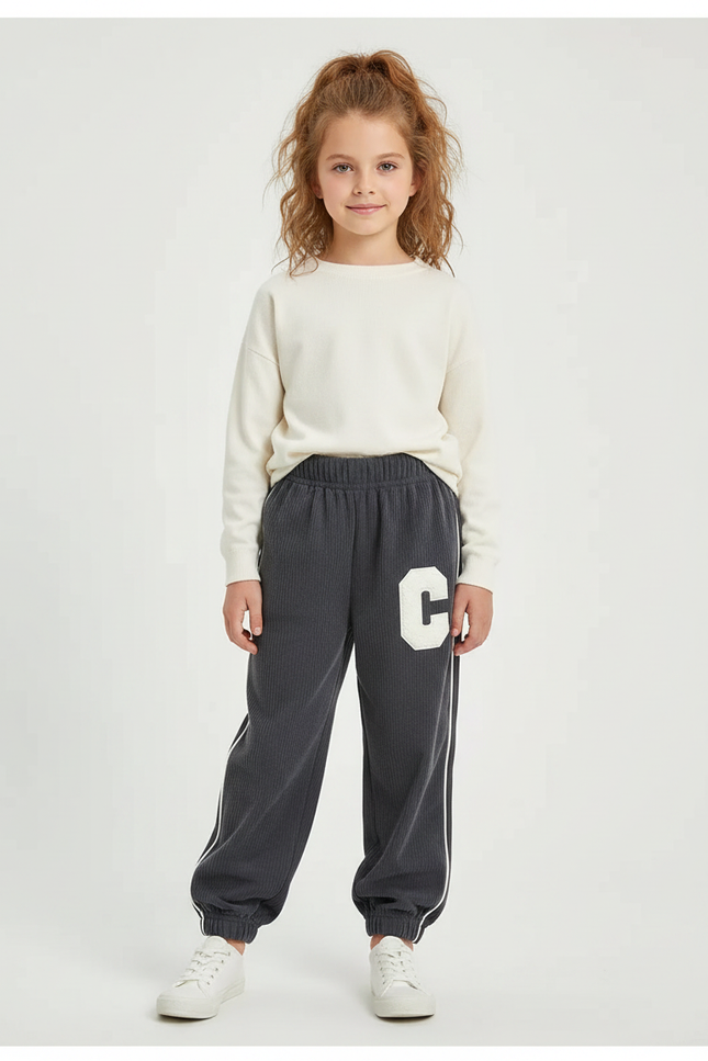 Pantalon Parachute Côtelé Gris Lettre C Enfant - Cordé