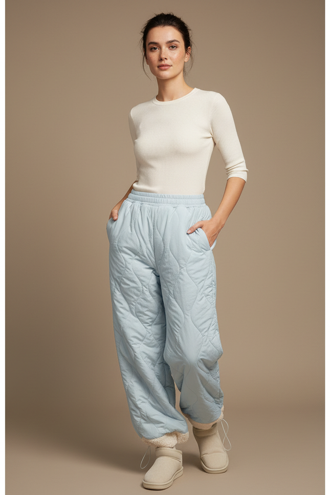 Pantalon Parachute Matelassé Bleu Ciel Ample Doublé Polaire - Polyester