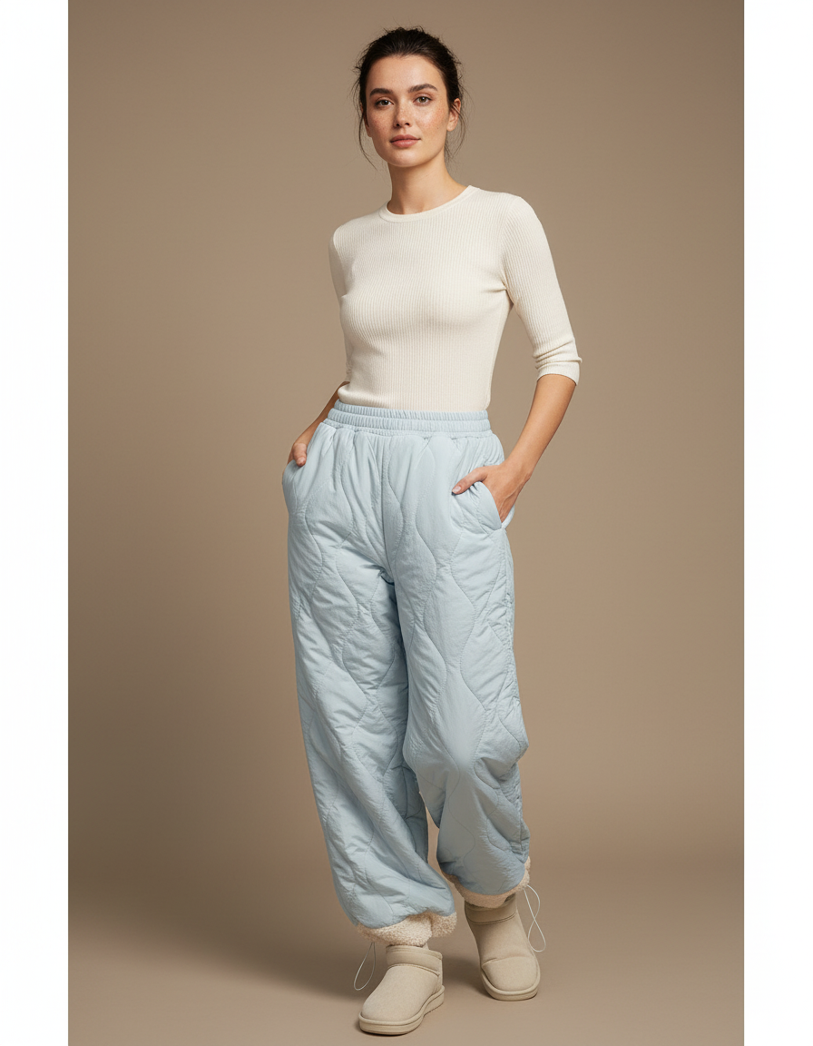Pantalon Parachute Matelassé Bleu Ciel Ample Doublé Polaire - Polyester