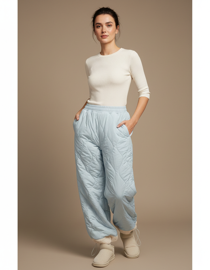 Pantalon Parachute Matelassé Bleu Ciel Ample Doublé Polaire - Polyester