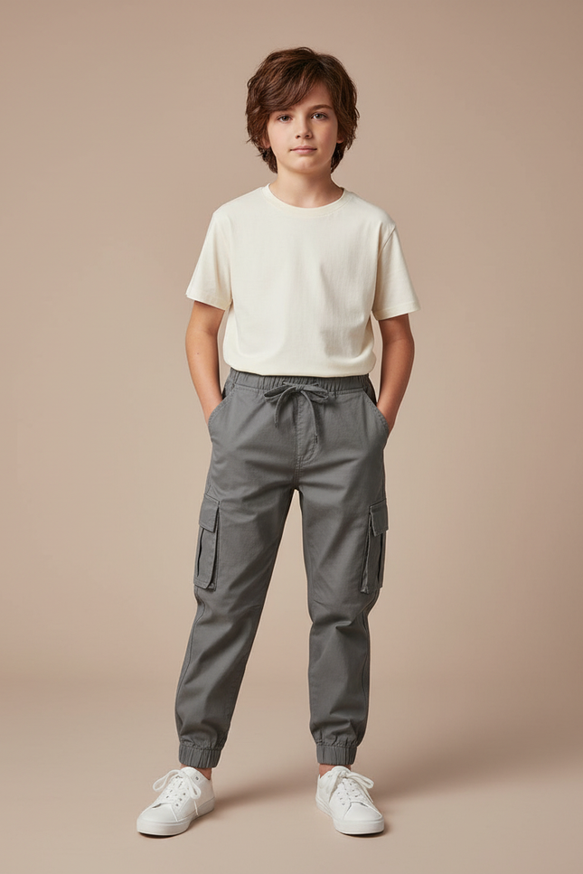 Pantalon Parachute Gris Coton Ample Cargo Enfant