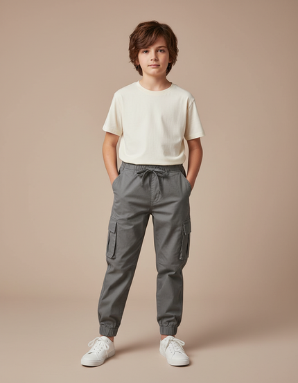 Pantalon Parachute Gris Coton Ample Cargo Enfant