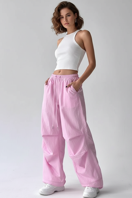 Pantalon Parachute Rose Ample Fluide Décontracté Femme - Polyester