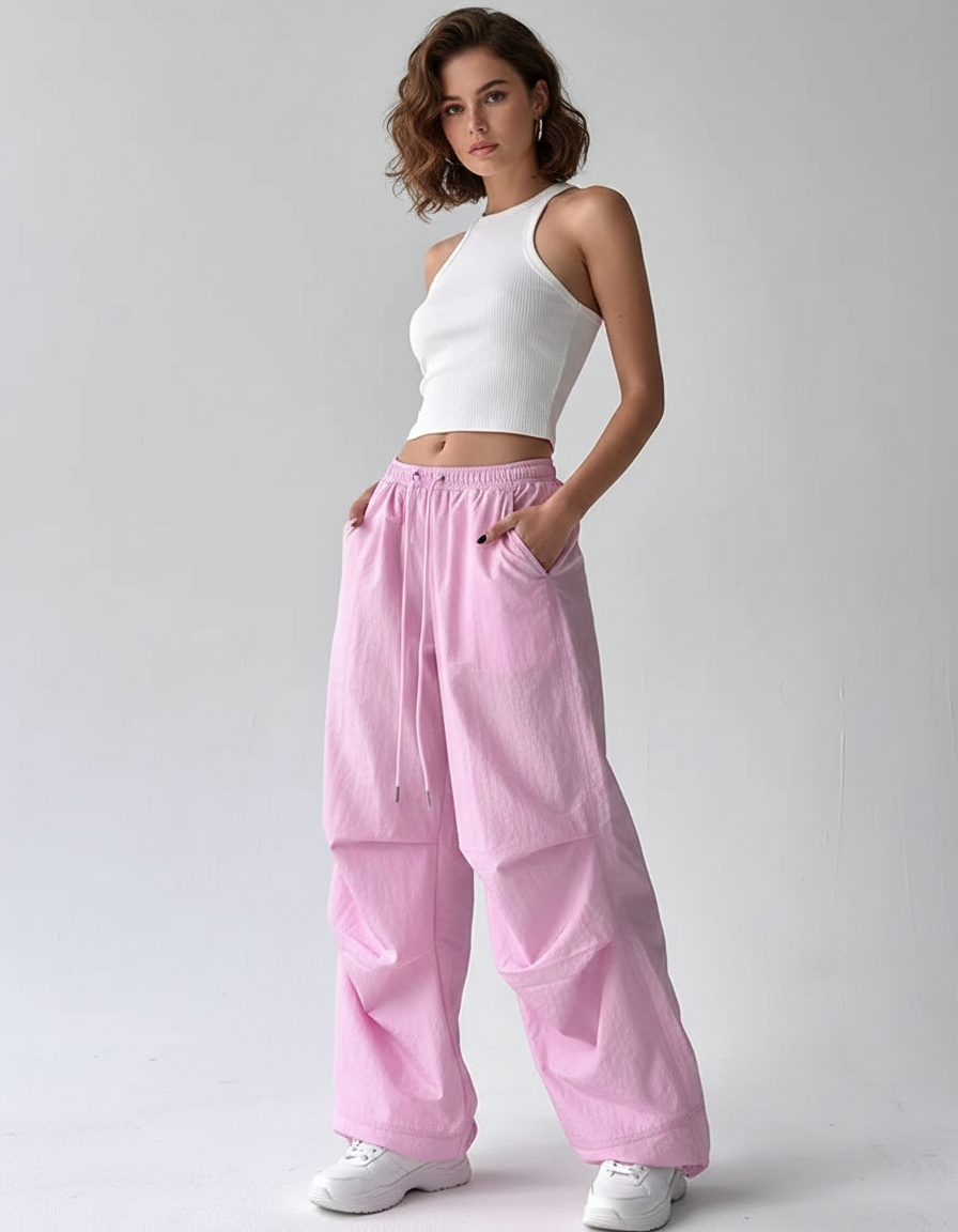 Pantalon Parachute Rose Ample Fluide Décontracté Femme - Polyester