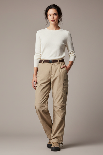 Pantalon Parachute Beige Convertible Cargo Décontracté Femme - Polyester