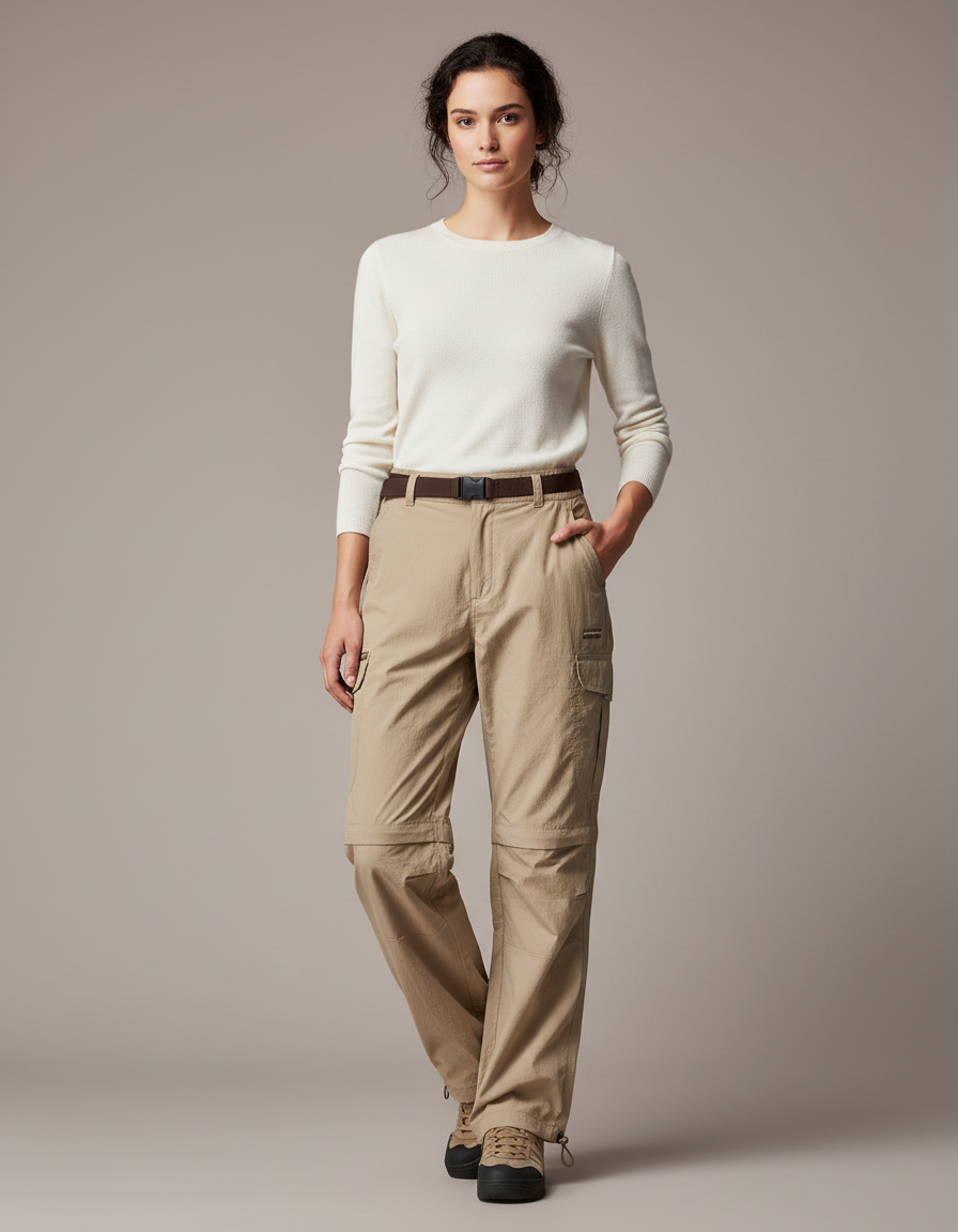 Pantalon Parachute Beige Convertible Cargo Décontracté Femme - Polyester