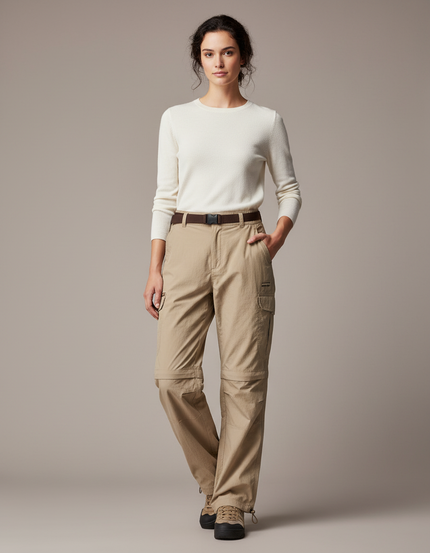 Pantalon Parachute Beige Convertible Cargo Décontracté Femme - Polyester