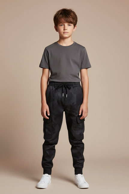 Pantalon Parachute Noir Cargo Imprimé Géométrique Enfant Cordon - Polyester