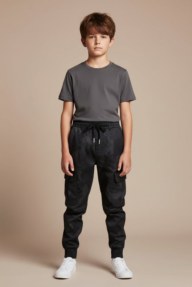 Pantalon Parachute Noir Cargo Imprimé Géométrique Enfant Cordon - Polyester