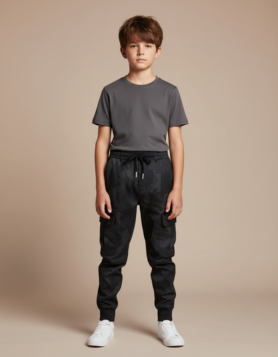 Pantalon Parachute Noir Cargo Imprimé Géométrique Enfant Cordon - Polyester