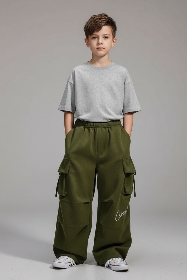 Pantalon Parachute Vert Kaki Cargo Ample Enfant - Molleton