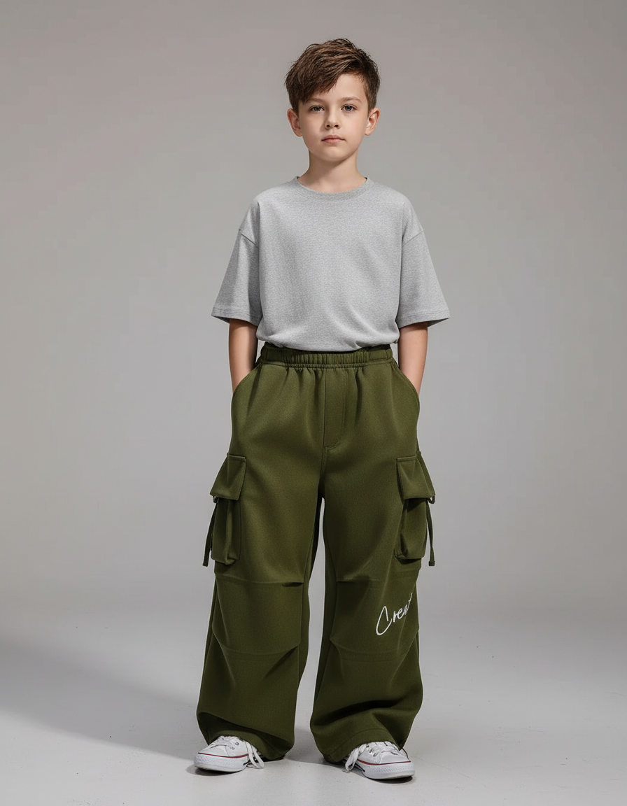 Pantalon Parachute Vert Kaki Cargo Ample Enfant - Molleton
