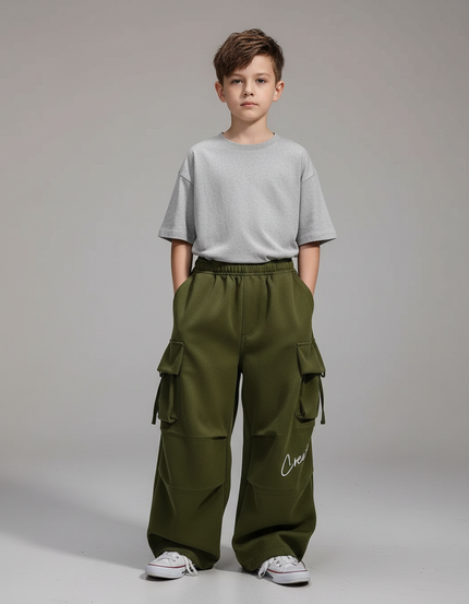 Pantalon Parachute Vert Kaki Cargo Ample Enfant - Molleton