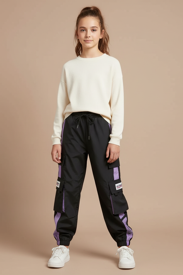 Pantalon Parachute Noir Violet Cargo Ample Femme Streetwear - Polyester
