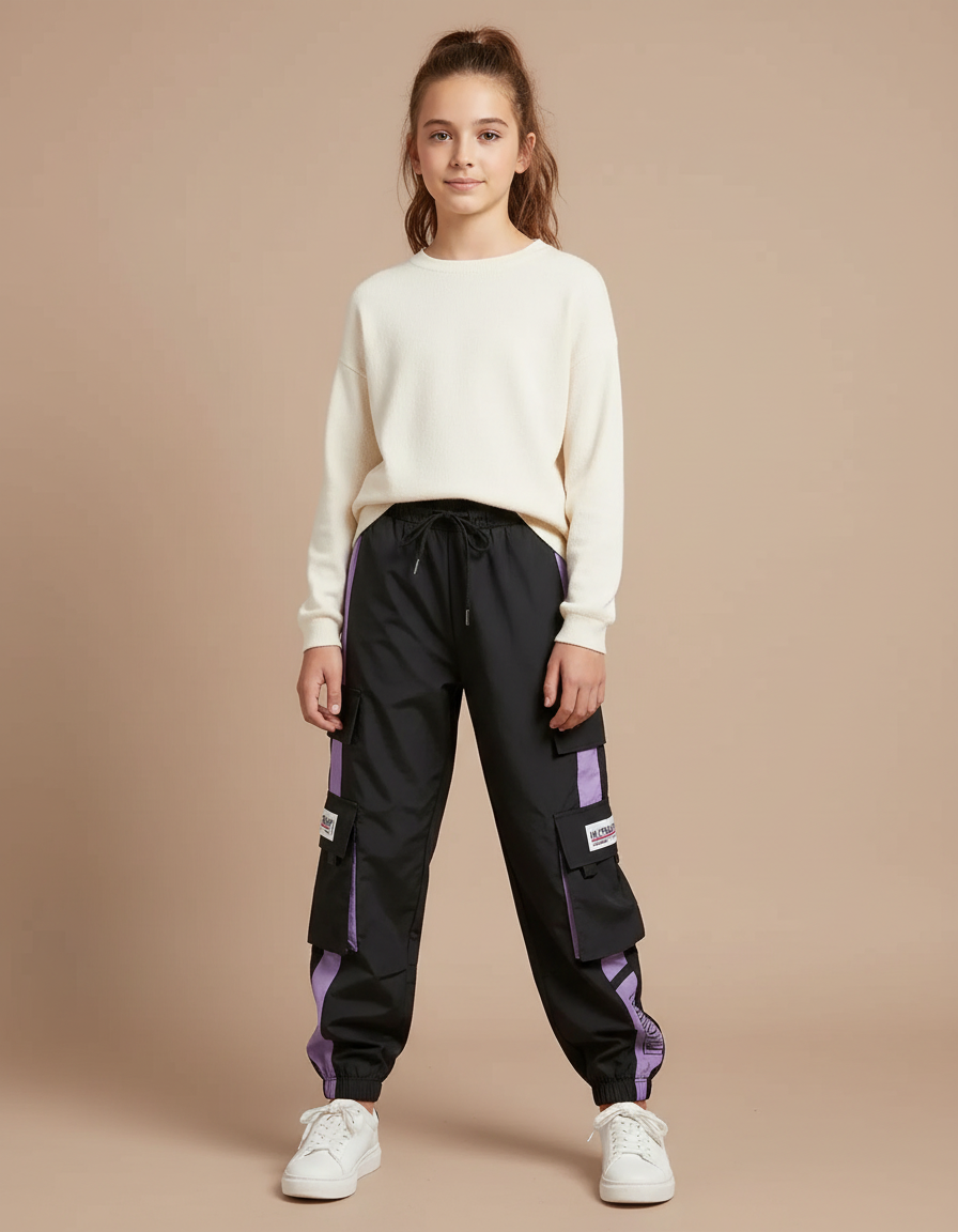 Pantalon Parachute Noir Violet Cargo Ample Femme Streetwear - Polyester