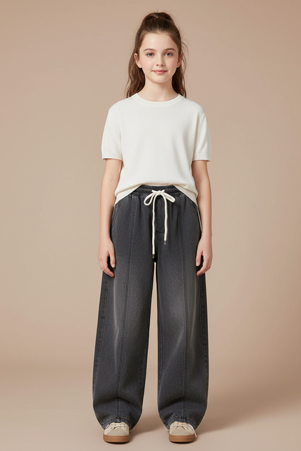 Pantalon Parachute Gris Ample Denim Fille Cordon - Jean
