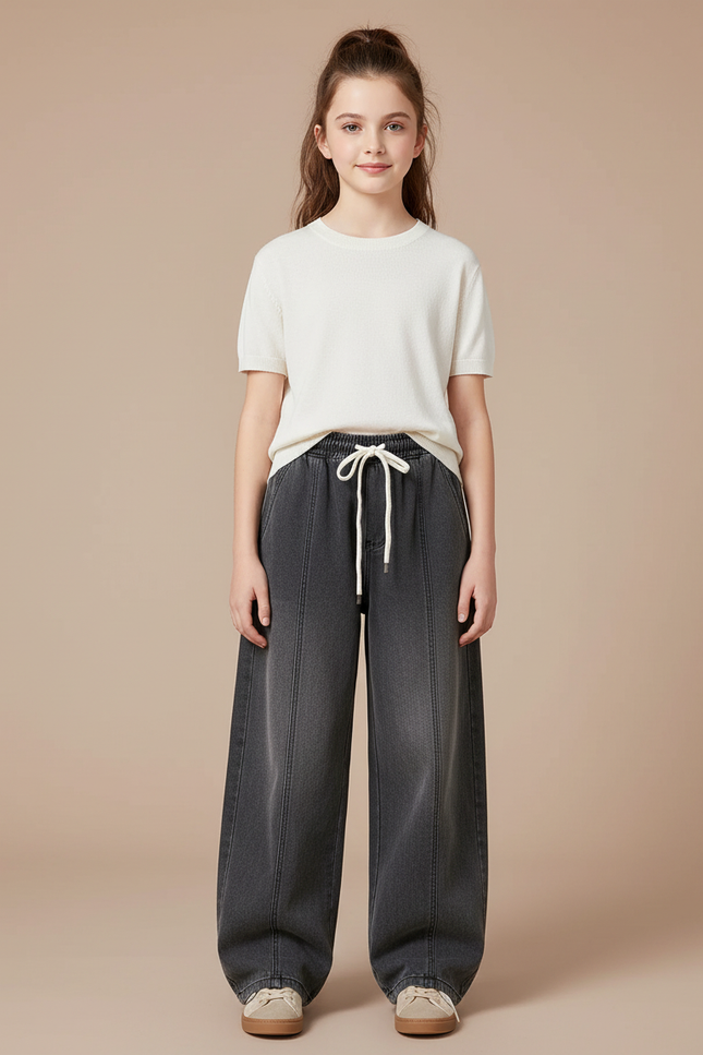 Pantalon Parachute Gris Ample Denim Fille Cordon - Jean