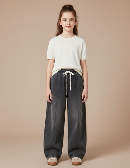 Pantalon Parachute Gris Ample Denim Fille Cordon - Jean