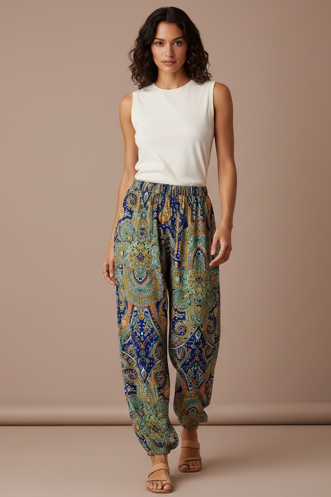 Pantalon Parachute Fluide Imprimé Cachemire Taille Haute Femme - Multicolore Viscose