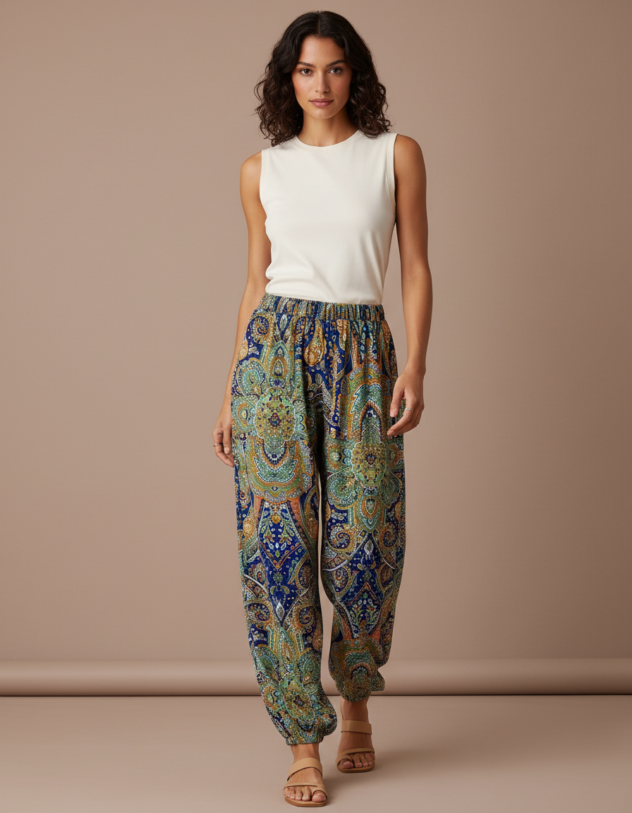 Pantalon Parachute Fluide Imprimé Cachemire Taille Haute Femme - Multicolore Viscose